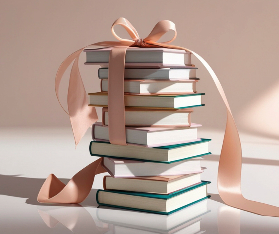 Stack of books tied with a pink ribbon